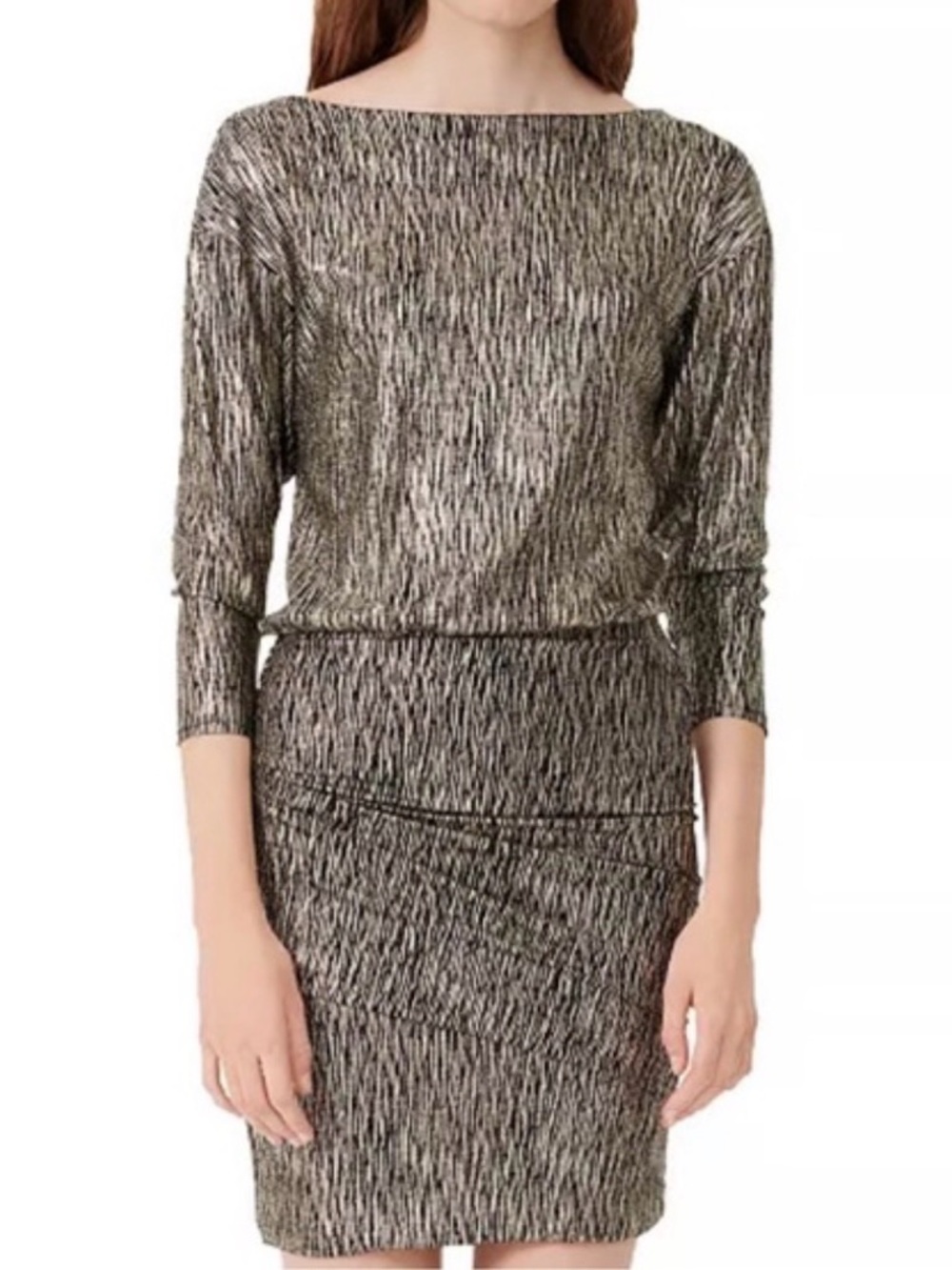 Maje Metallic Textured Boatneck Shift Dress - Gold/Black